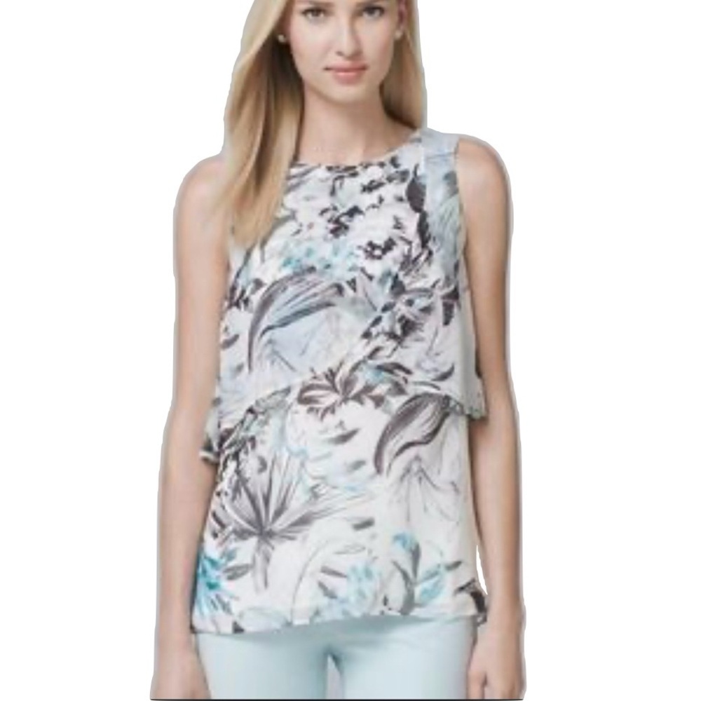 WHBM “Ecru Blue Mirage” Chiffon Double Layer Sleeveless Blouse